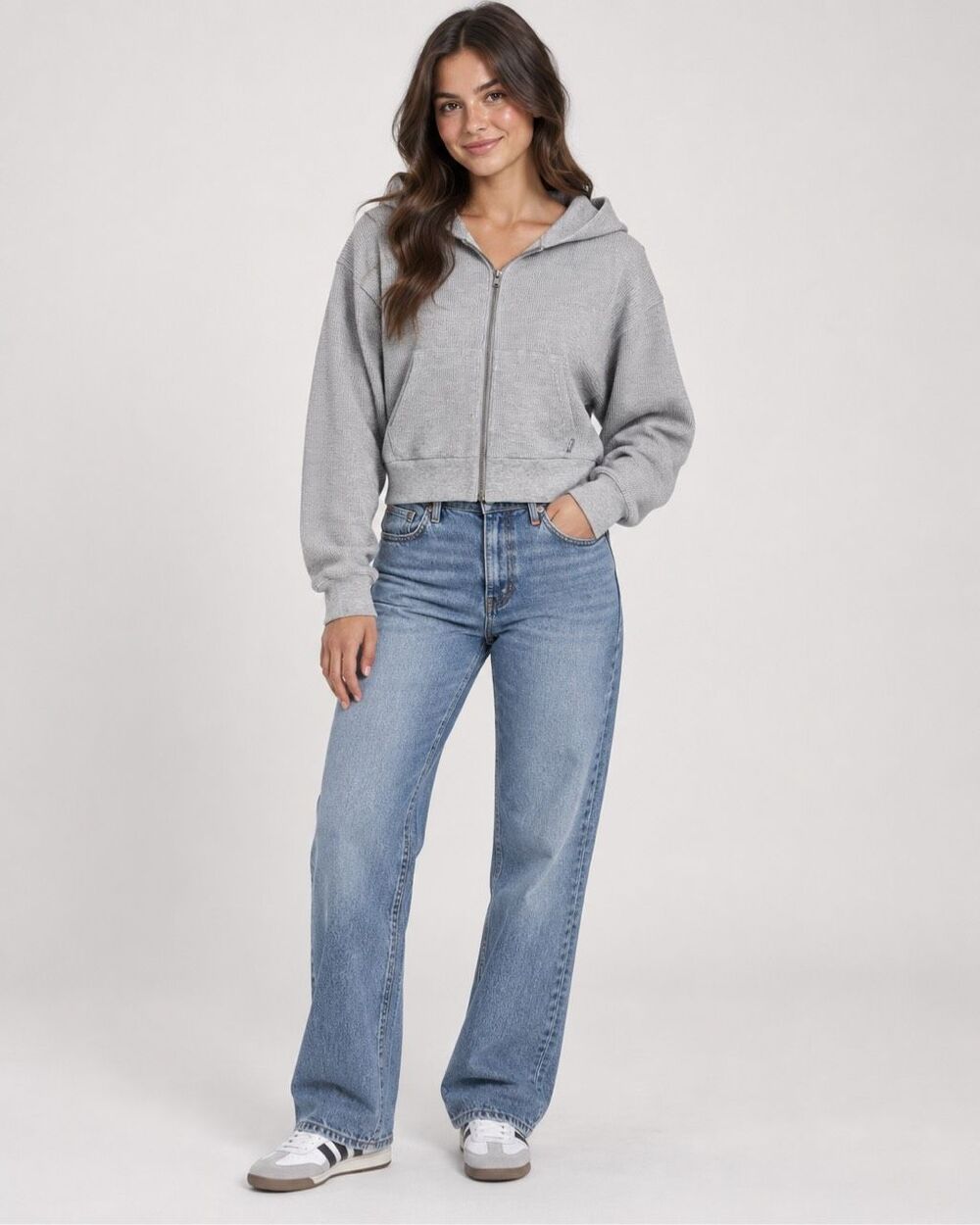 Aritzia TNA Women’s Size 2 Gray Waffle Knit Semi Cropped Full Zip Hoodie Jacket